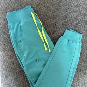 Figs Zamora Jogger Scrub Pants Teal with Bright Yellow Drawstring